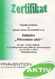 Zertifikat: Claudia Gabrian ist offizieller Partner der BARMER, Initiative ''Prävention aktiv'' (Anklicken zum Vergrößern)